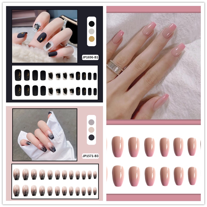 【24pcs】24/Pcs DIY Fake Nails French Finger Nail Art False Nail Wearable Nails European and American Style Fake Nails