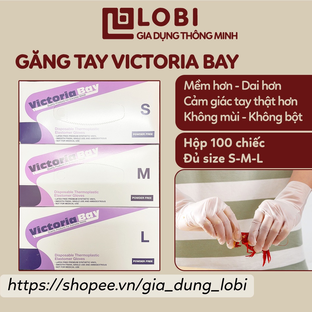 Hộp 100 găng tay Victoria Bay chất liệu TPE chính hãng siêu dai găng tay cao su rửa bát làm bếp vệ sinh không bột