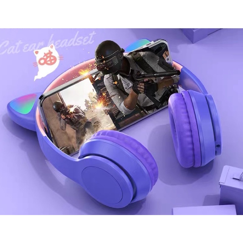 Tai Nghe Mèo Blutooth Headphone dễ thương chống ồn có đèn led siêu cute