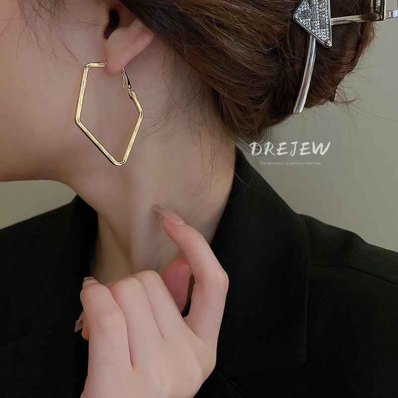 DREJEW Khuyên tai kim loại màu bạc thiết kế hình học rỗng phong cách cá tính thời trang sáng tạo