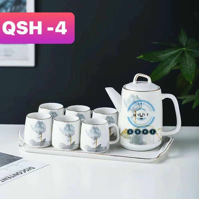 BỘ ẤM CHÉN KÈM KHAY SỨ PHA TRÀ CÀ PHÊ TRẮNG HỌA TIẾT HOA SEN