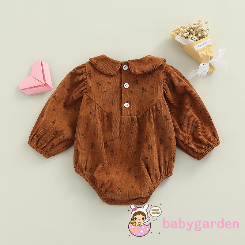 Áo liền quần tay dài giữ ấm cổ búp bê tròn in hoa bằng nhung kẻ có nút cài cho bé gái