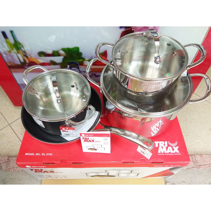 Bộ nồi chảo inox cao cấp 3 lớp đáy liền Trimax 4 chiếc size 18cm, 20cm, 26cm và chảo 26cm