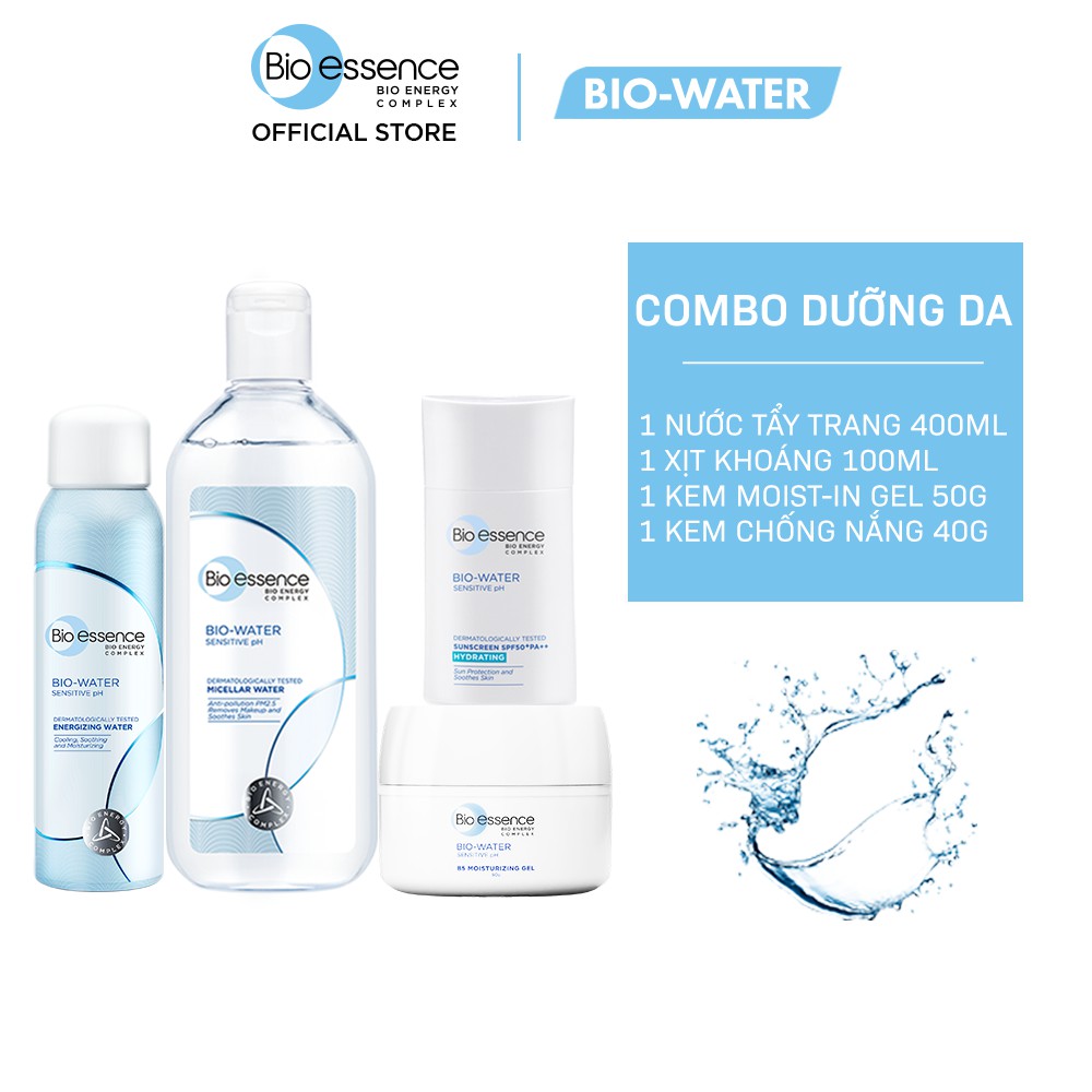 Combo dưỡng da Bio-Essence (Tẩy trang 400ml + Xịt khoáng 100ml + Kem Moist-in Gel 50g + Kem Chống nắng 40ml)