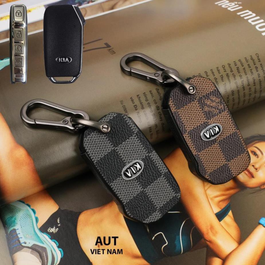 Bao da chìa khóa Smartkey Kia mới 4 nút (Sorento) da Canvas L V xẻ túi cao cấp