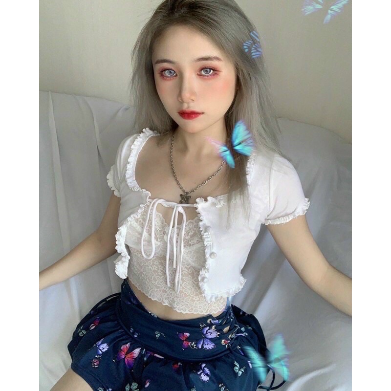 Áo viền bèo nút bọc cột nơ croptop - B0N