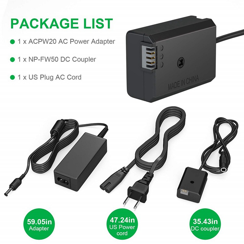Pin giả AC-PW20 NP-FW50 Bộ chuyển đổi nguồn điện AC Bộ ghép nối DC cho Sony Alpha A5100 A6500 A6400 A6000 A55 A7