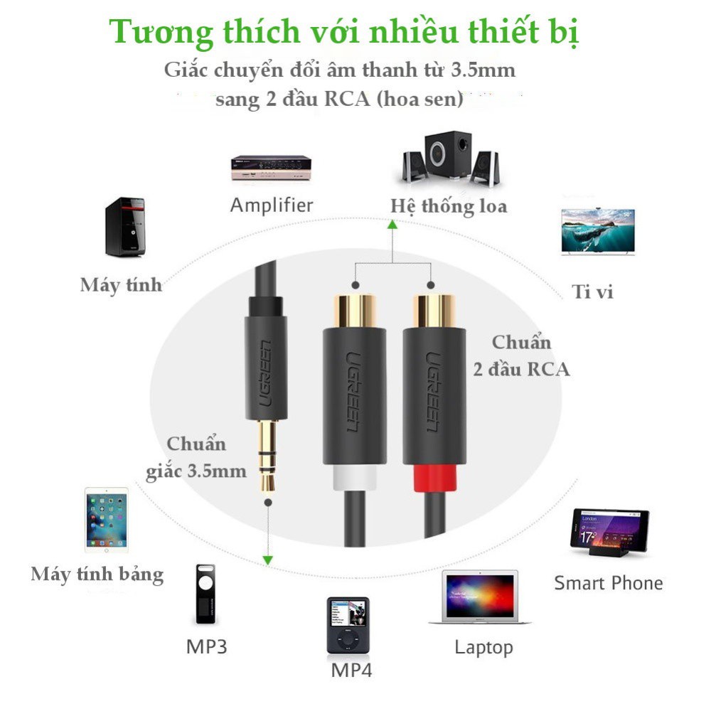 Dây chuyển đổi 3.5mm đực sang 2 đầu RCA cái dài 25CM màu đen UGREEN AV109 10547