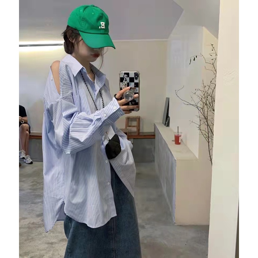 [Delivery Within 48 Tiếng] Áo Sơ Mi Dài Tay Hở Vai Kẻ Sọc Kiểu Hàn Quốc Cho Nữ