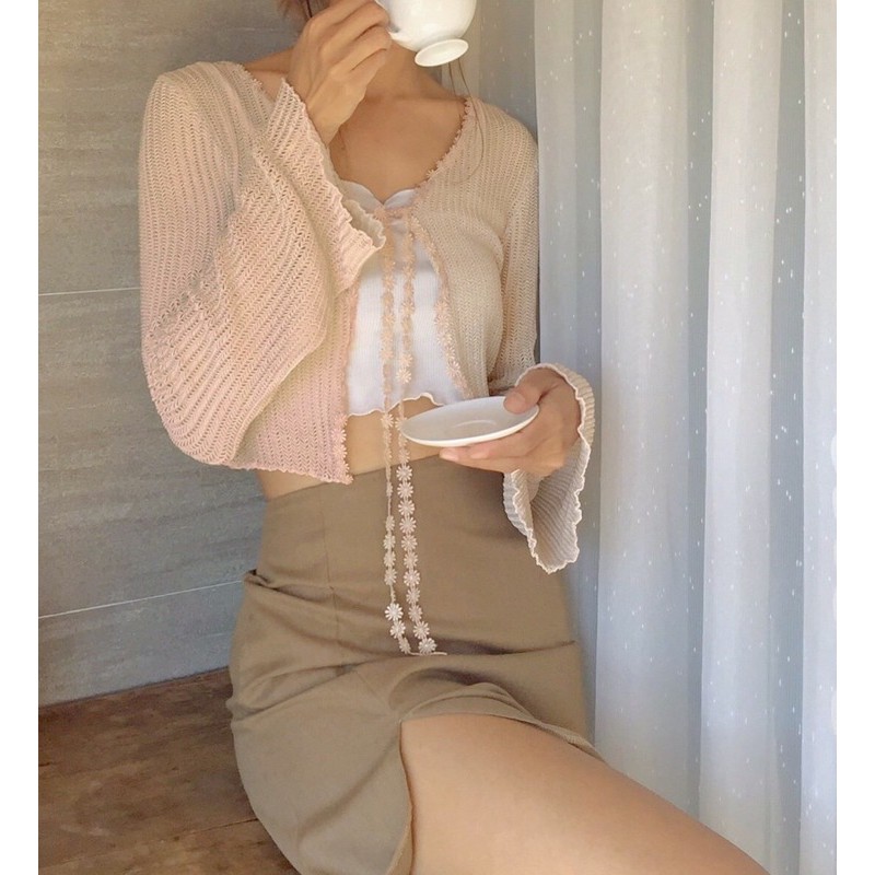 [Mã FAGREEN1505 giảm tới 30K đơn 99K] Áo cardigan ren croptop màu be