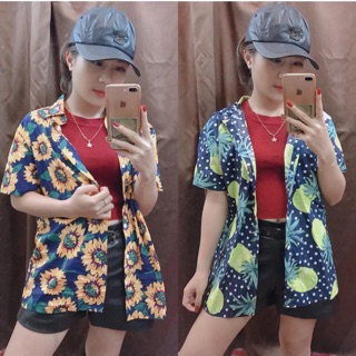 Áo sơ mi hoa quả chất đũi ( ảnh thật )