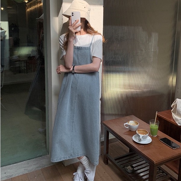 [Mã FATHANG5 giảm 10K đơn 50K] Váy yếm jean maxi 2 dây xanh nhạt - YV152 | BigBuy360 - bigbuy360.vn