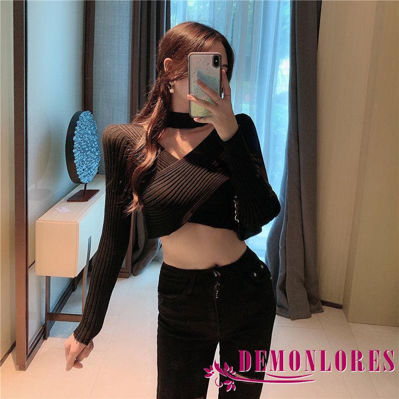 Áo len lửng tay dài cổ chữ V nhiều màu tùy chọn cho nữ