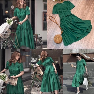 Váy thô xanh kèm belt bọc vải đồng màu