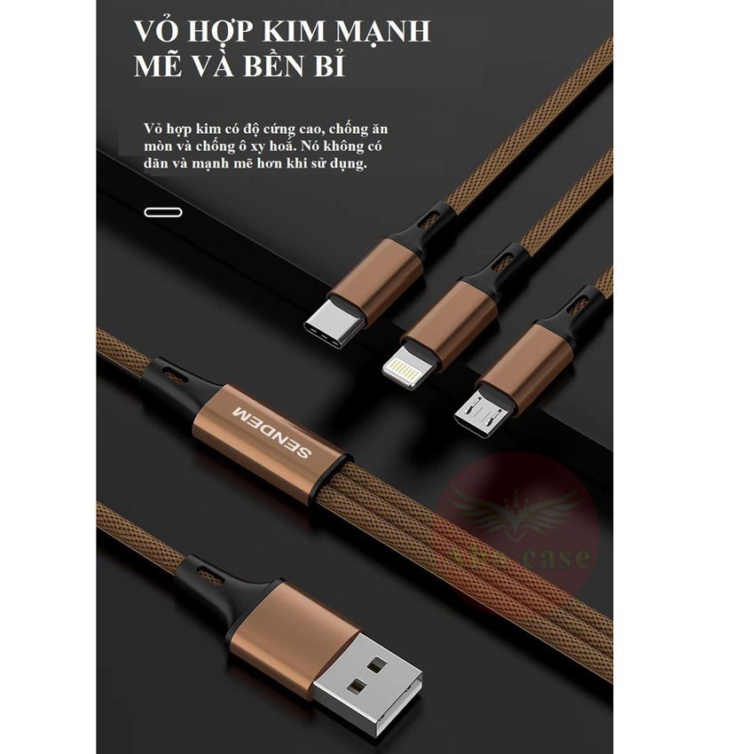 [Rẻ Vô Địch] Cáp sạc 3 đầu trên 1 dây chính hãng Sendem M10s, Đa năng tiện lợi sạc 3 điện thoại 5A nhanh, siêu bền