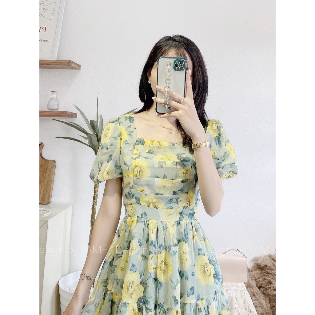 Váy đầm hoa nữ ngắn tay dáng dài màu xanh lá cổ vuông nhún ngực chất voan tơ lót lụa Sunny YAME