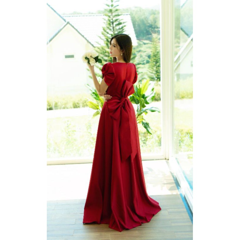 💐 Đầm dạ hội cưới màu đỏ đính đá bản nơ to sang trọng