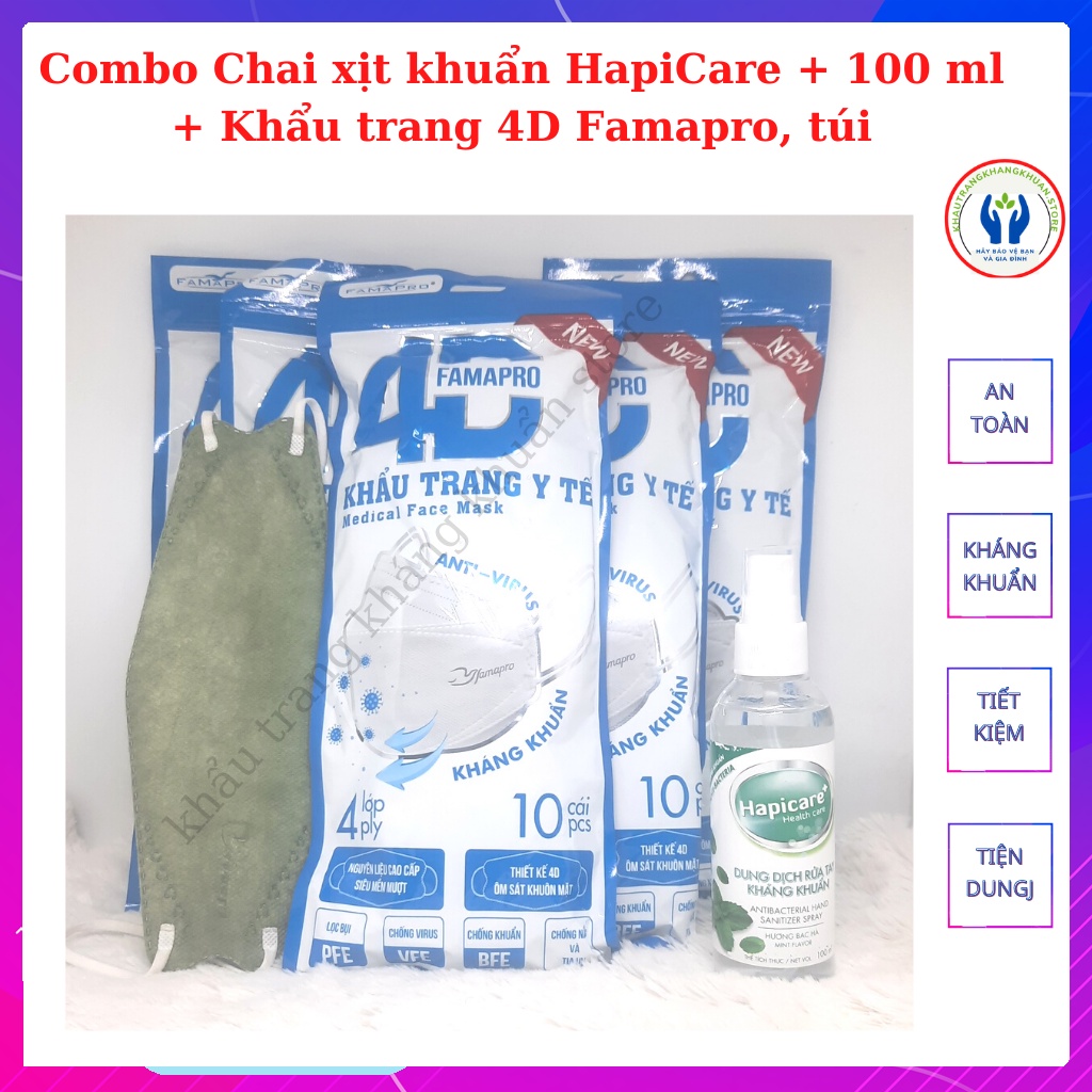 [COMBO 50+ 1] Chai xịt Khuẩn, khẩu trang 4D FAMAPRO (1 chai 100 ml + 50 cái khẩu trang loại xịn)