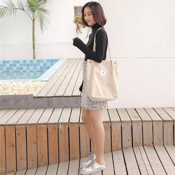 Túi tote vải canvas có khóa phong cách Hàn Quốc