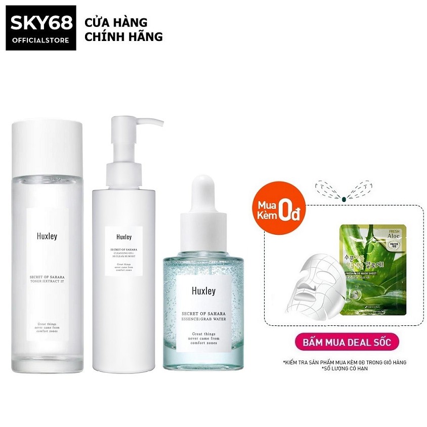 Bộ 3 Sản Phẩm Làm Sạch Da, Dưỡng Ẩm, Sáng Da Huxley (Sữa Rửa Mặt  200ml + Toner 120ml + Serum Grab Water 30ml)