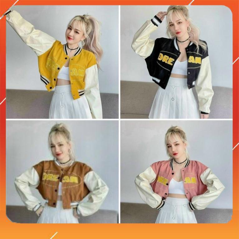 Áo khoác nam nữ da lộn bomber thêu DREAM croptop size nhỏ dưới 50kg