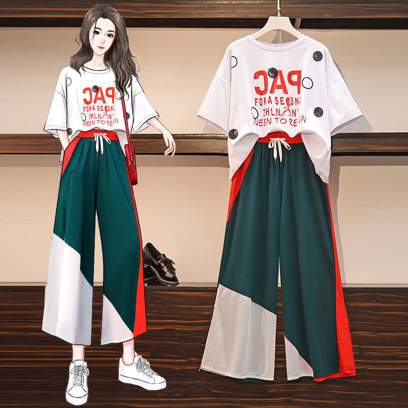 Set Áo Thun Ngắn Tay + quần ống rộng Thời Trang Cho Nữ Size M-4Xl