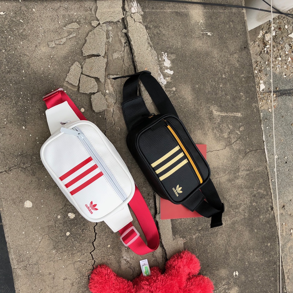 Adidas  high quality leather waist strap bag double sports chest men's bag women's bag black and white strap shoulder bag waist bag