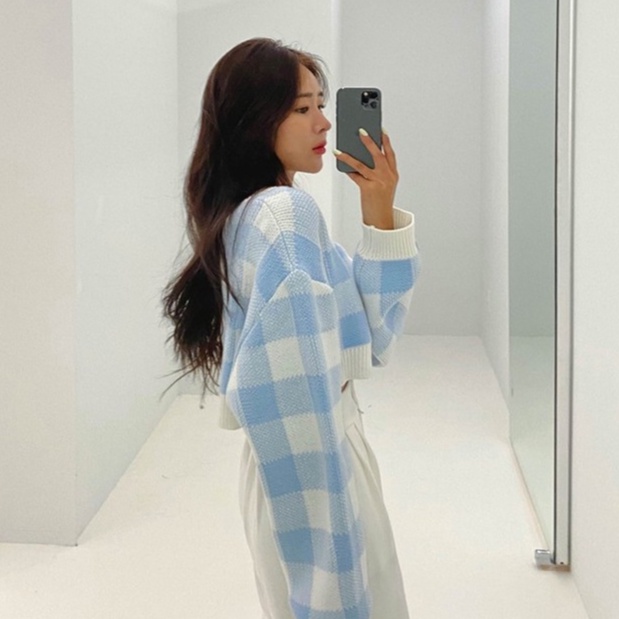 QADCOL Áo sweater croptop tay dài họa tiết caro xinh xắn thời trang cho nữ