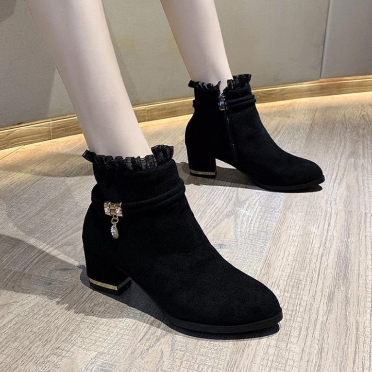 Giày cao gót đen IELGY ống thấp mũi tròn chống nước phối khóa kéo bên hông dáng dày chống mòn cho nữ