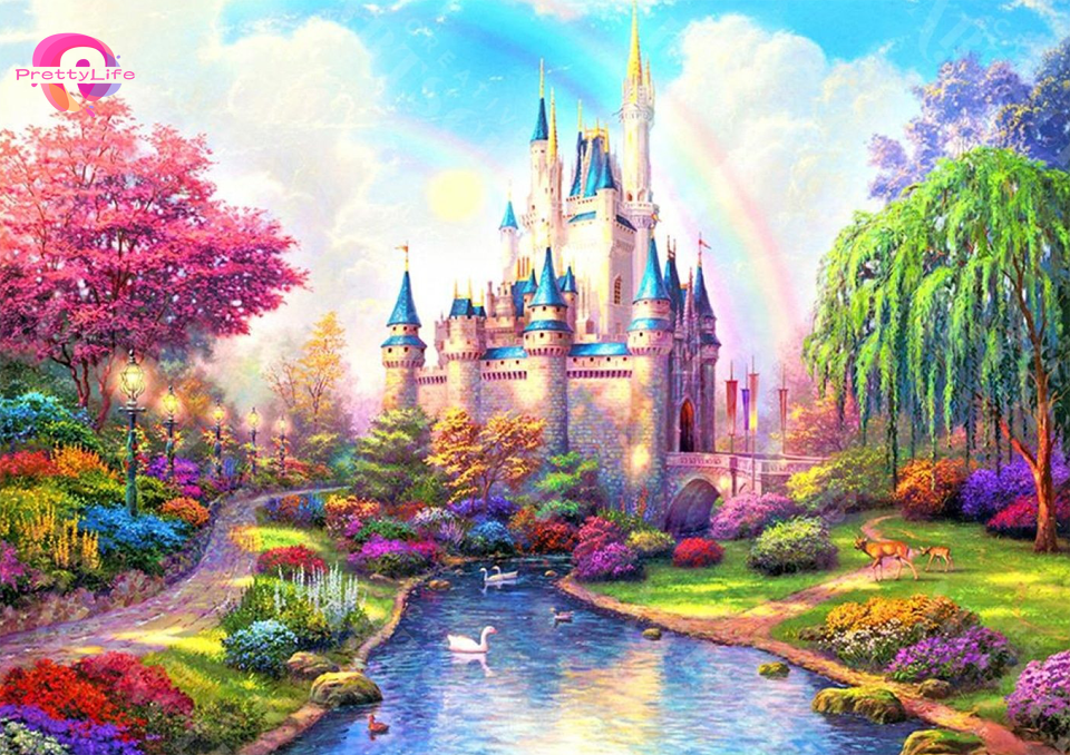 Bộ tranh đính đá 5D tự làm hình lâu đài cầu vồng độc đáo kích thước 40x30cm trang trí nhà cửa