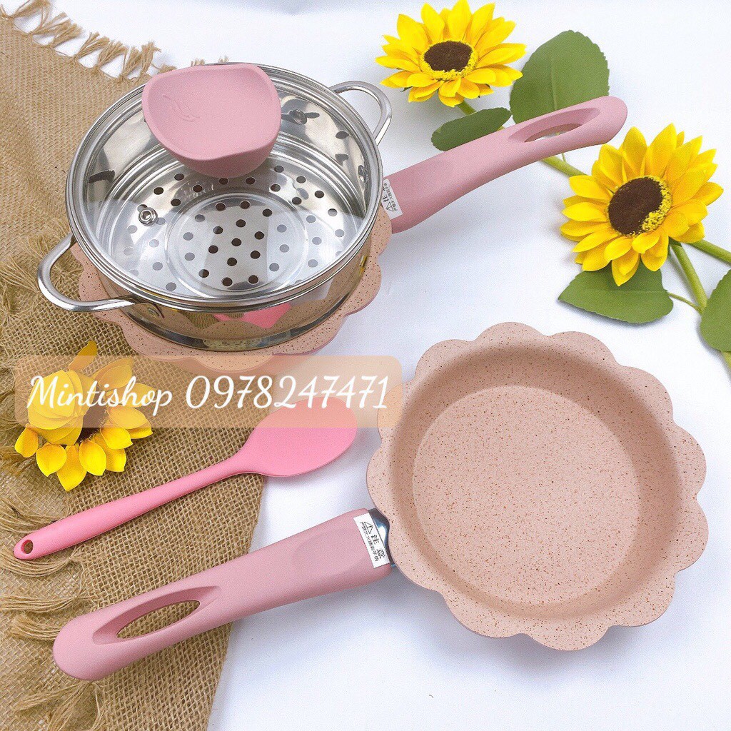 Bộ nồi chảo đá chống dính cao cấp kèm xửng hấp chế biến đồ ăn dặm cho bé yêu