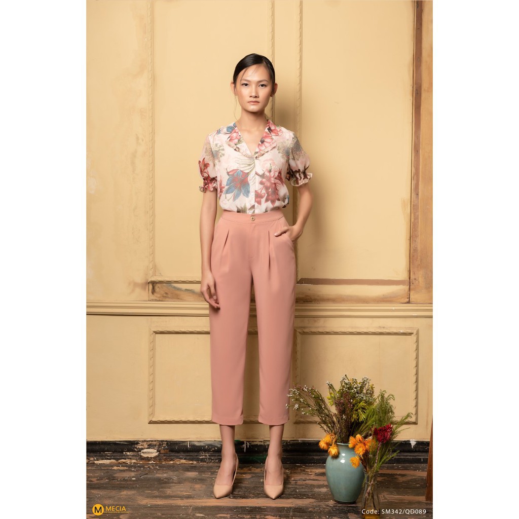 Áo sơ mi nữ công sở MECIA SM342  thiết kế họa tiết hoa cổ vest, tay phồng chất liệu voan mềm mịn, áo nữ dạo phố | BigBuy360 - bigbuy360.vn