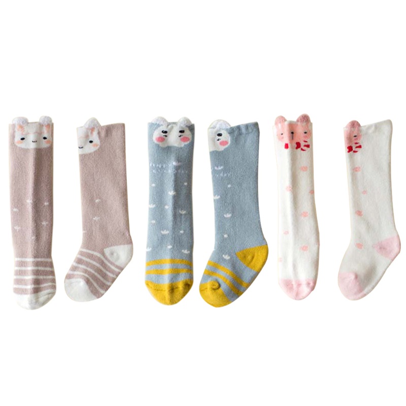 Set 3 Đôi Vớ Cotton Dày Cổ Cao Tới Gối In Hình Hoạt Hình 3d Cho Bé Sơ Sinh