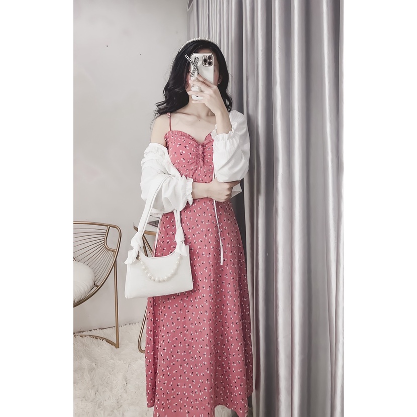 Đầm Hoa Nhí 2 Dây / Áo Khoác Cardigan Len Viền Bèo Buộc Dây HT20 HaLuu Store Phong Cách Hàn Quốc