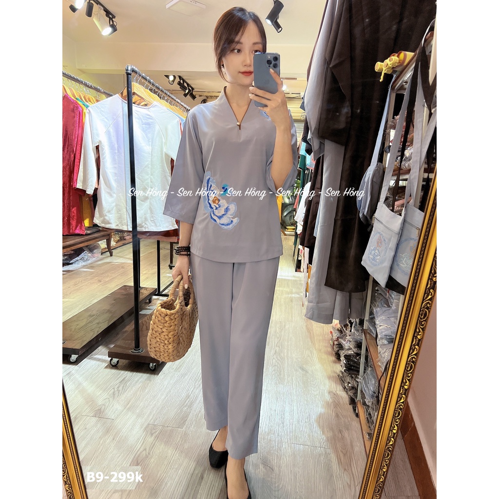 SET QUẦN ÁO ĐI CHÙA VẢI MÁT - đồ lam Phật tử kate lụa mềm cao cấp - bộ đi lễ dáng xuông thêu 3D trên vai và thân áo B9