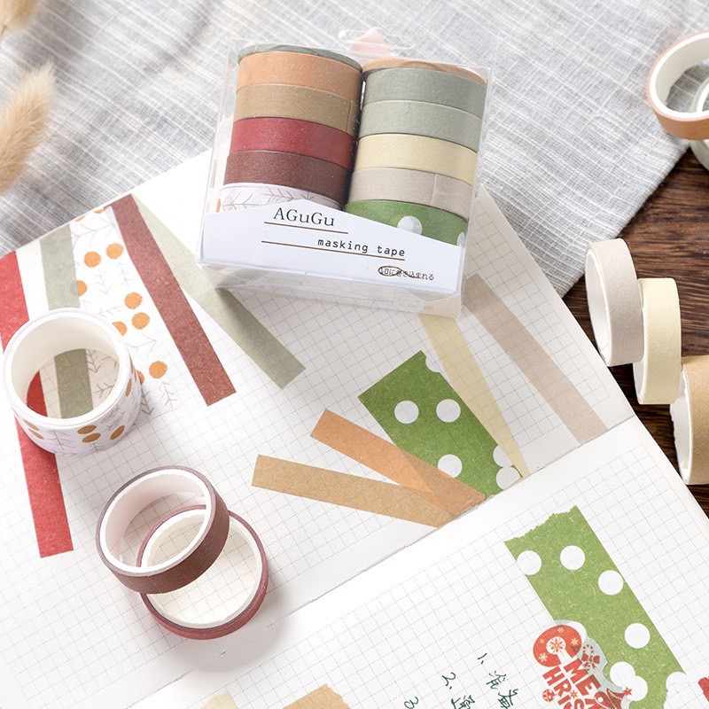 Set 10 cuộn băng dính giấy Washi tape đủ trơn dùng để trang trí Ablum sổ tay