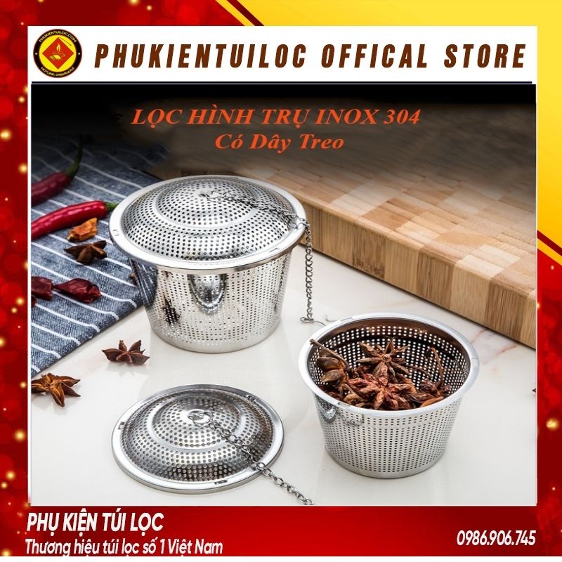 Lọc trà inox 304 hình trụ, có dây treo, không gỉ, nhiều kích thước- LINOX01- Phukientuiloc