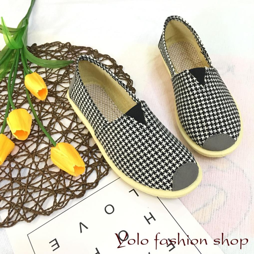 [Hình thật] GL4 Giày lười slip on nữ kẻ caro bọc cói vintage thời trang