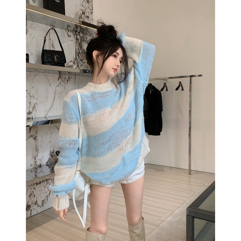 Áo Dệt Kim Mỏng Dáng Rộng Họa Tiết Kẻ Sọc Rỗng Thời Trang Hàn Quốc