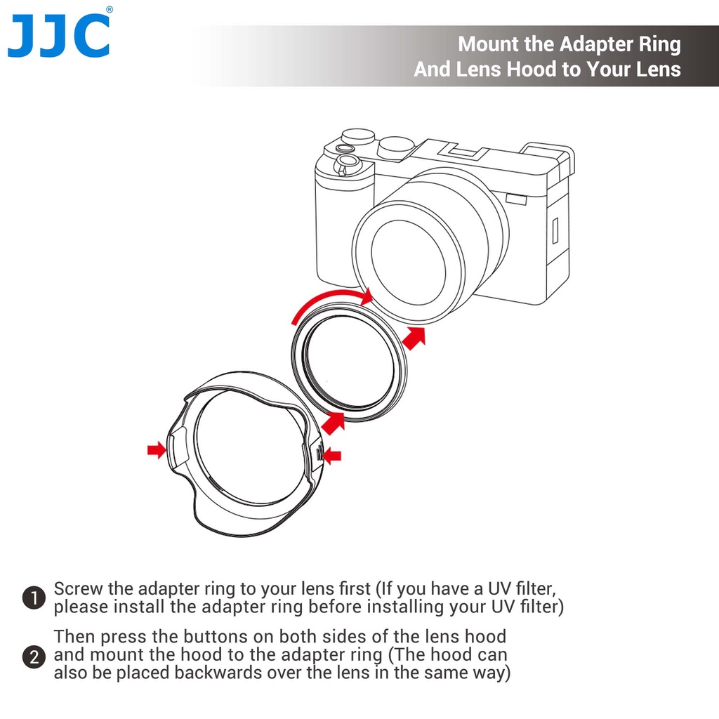JJC Loa che nắng kèm vòng chuyển đổi ống kính máy ảnh Fujifilm XC 15-45mm F3.5-5.6 OIS PZ, XF 18mm f/2 R, CAN. EF 40mm f/2.8 STM, NIK. Nikkor Z 40mm f/2, 28mm f/2.8 Nikkor Z