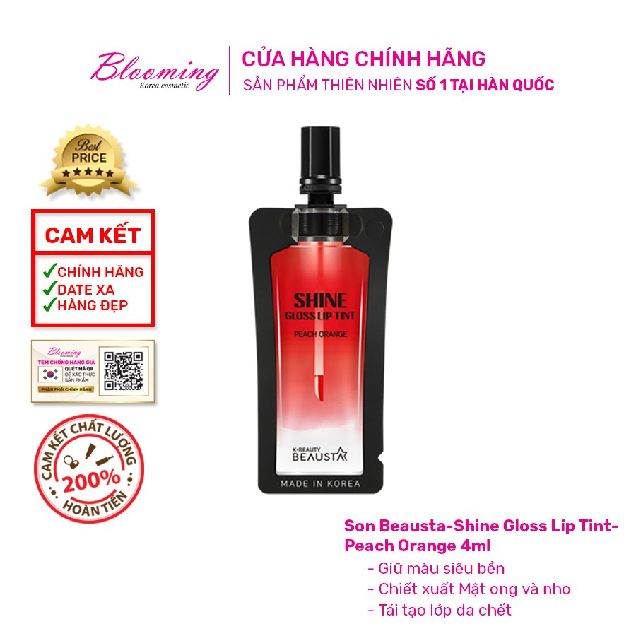 Son Tint Bóng, Siêu Lì, Căng Mọng Môi Hàn Quốc Beausta-Shine Gloss Lip Tint-Peach Orange 4ml | BigBuy360 - bigbuy360.vn