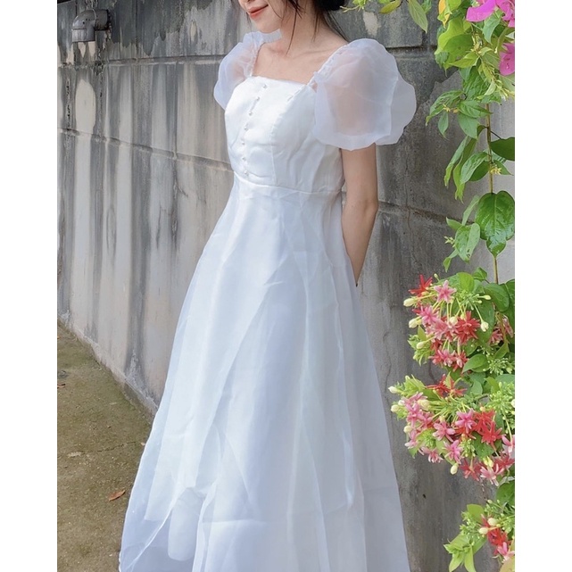 ĐẦM-VÁY TRẮNG TAY VOAN CÚC NGỰC 2 LỚP DÁNG XOÈ CÔNG CHÚA