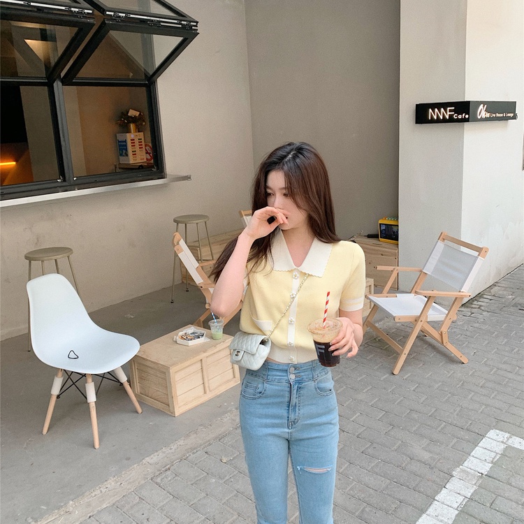 Porozi Áo dệt kim tay ngắn kiểu Hàn Quốc thiết kế ngọt ngào cho nữ