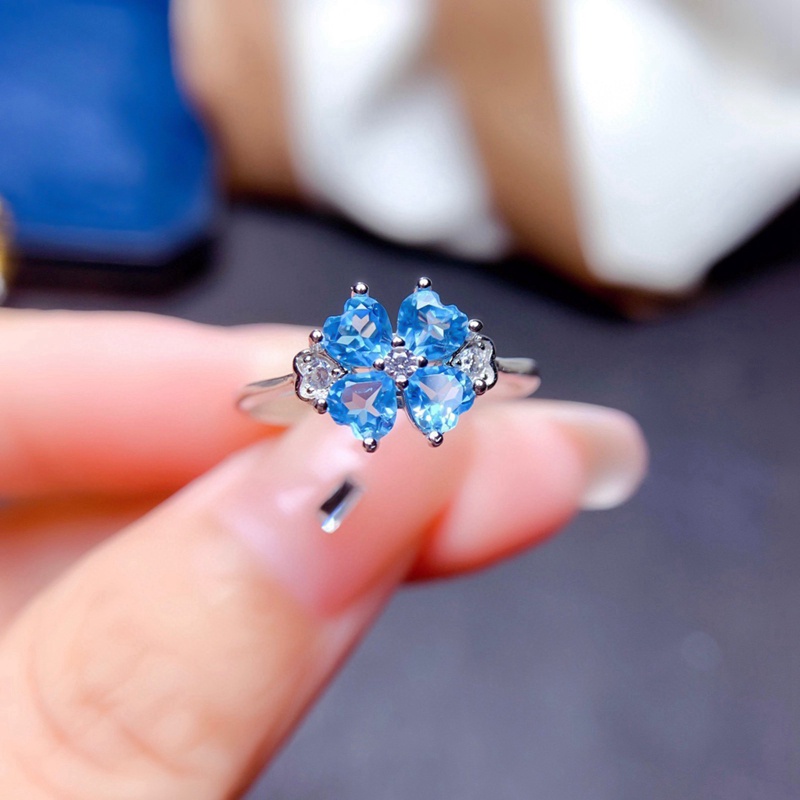 Nhẫn hở mạ bạc 925 hình cỏ bốn lá đính đá topaz sang trọng thời trang