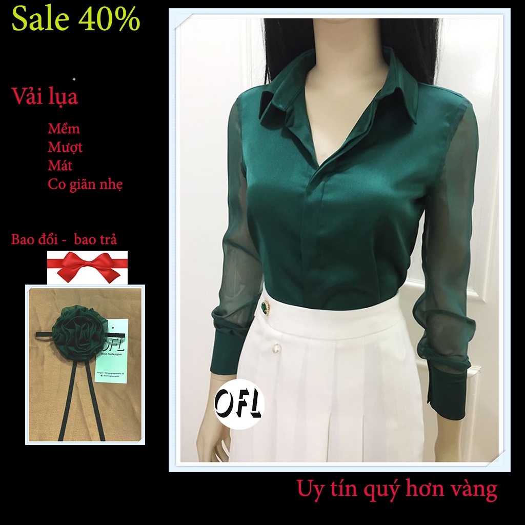 Áo Sơ mi lụa tay dài ( phối voan ) Xanh Lá kiểu dáng công sở cơ bản