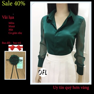 Áo Sơ mi lụa tay dài ( phối voan )  Xanh Lá kiểu dáng công sở cơ bản