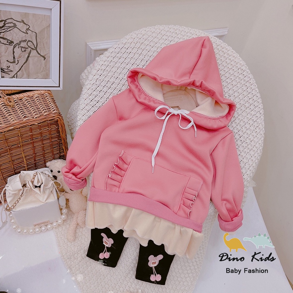 Bộ nỉ lót lông áo hoodie túi bụng quần legging bé gái, Bộ Nỉ Lót Lông Có Mũ cho bé gái