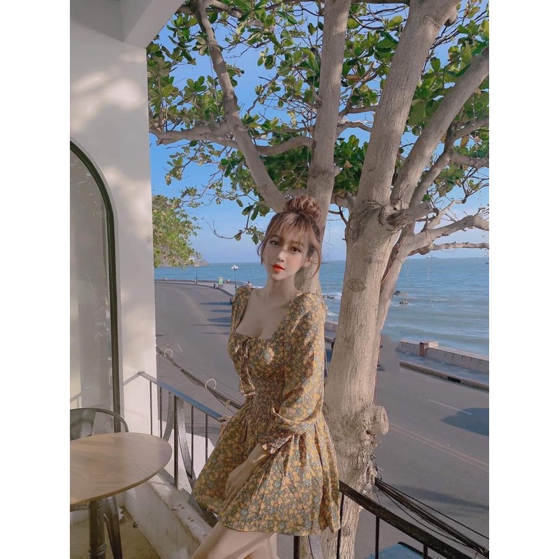 [Mã SKAMA06 giảm 8% tối đa 50K đơn 250K] VÁY CHUN EO XANH VÀNG HOA NHÍ CỔ VUÔNG | BigBuy360 - bigbuy360.vn