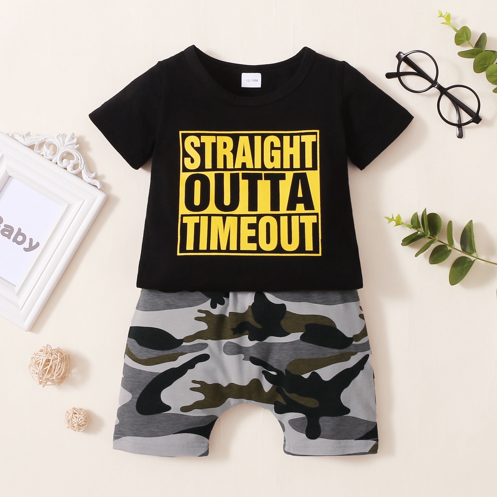 Set áo tay ngắn và quần ngắn MIKRDOO in chữ thời trang mùa hè cho bé nam