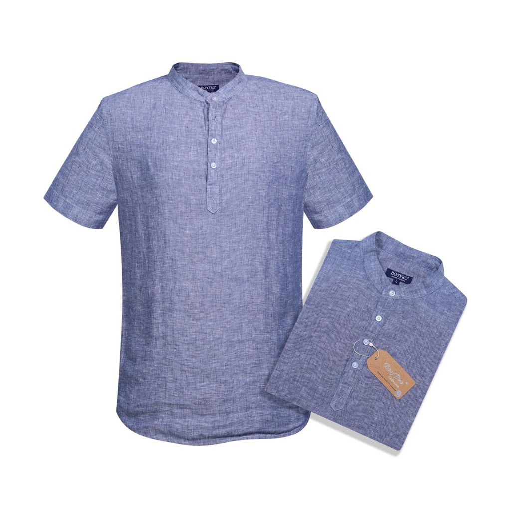 Áo Linen Cổ tròn Xẻ trụ Tay ngắn Màu Xanh LN007